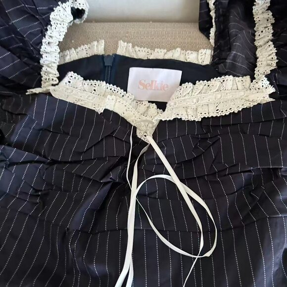 Selkie The Pinstripe Bonny Mini Dress Large Black White Lace Holiday - Picture 10 of 16